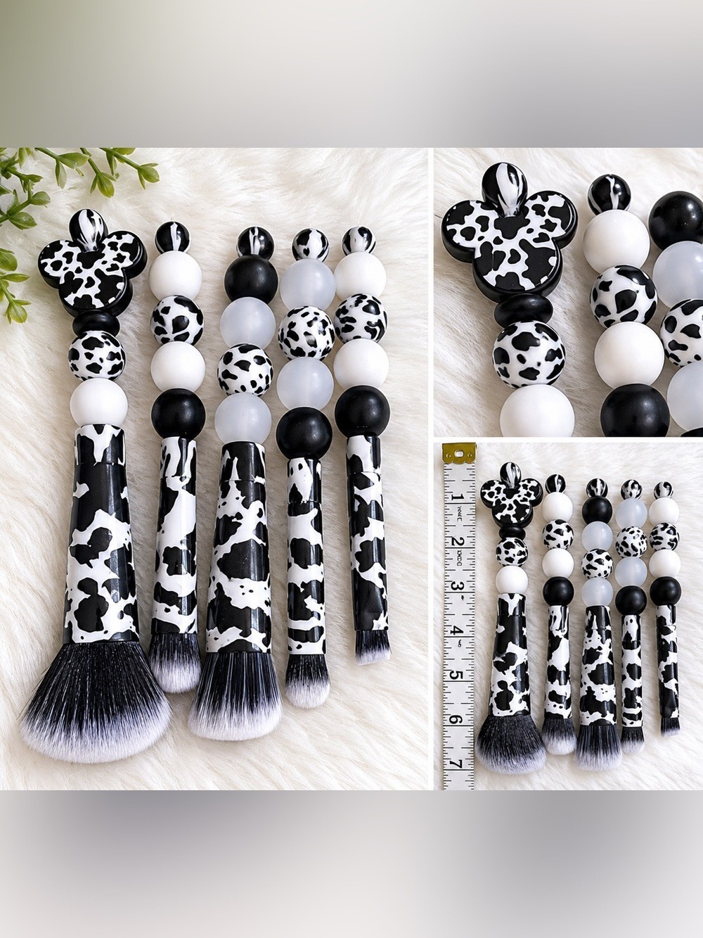 Cow Print Handmade Makeup Brush Set Black White Beaded Glam